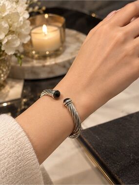 925 Silver Cable Cuff Bracelet with Smoky Quartz.